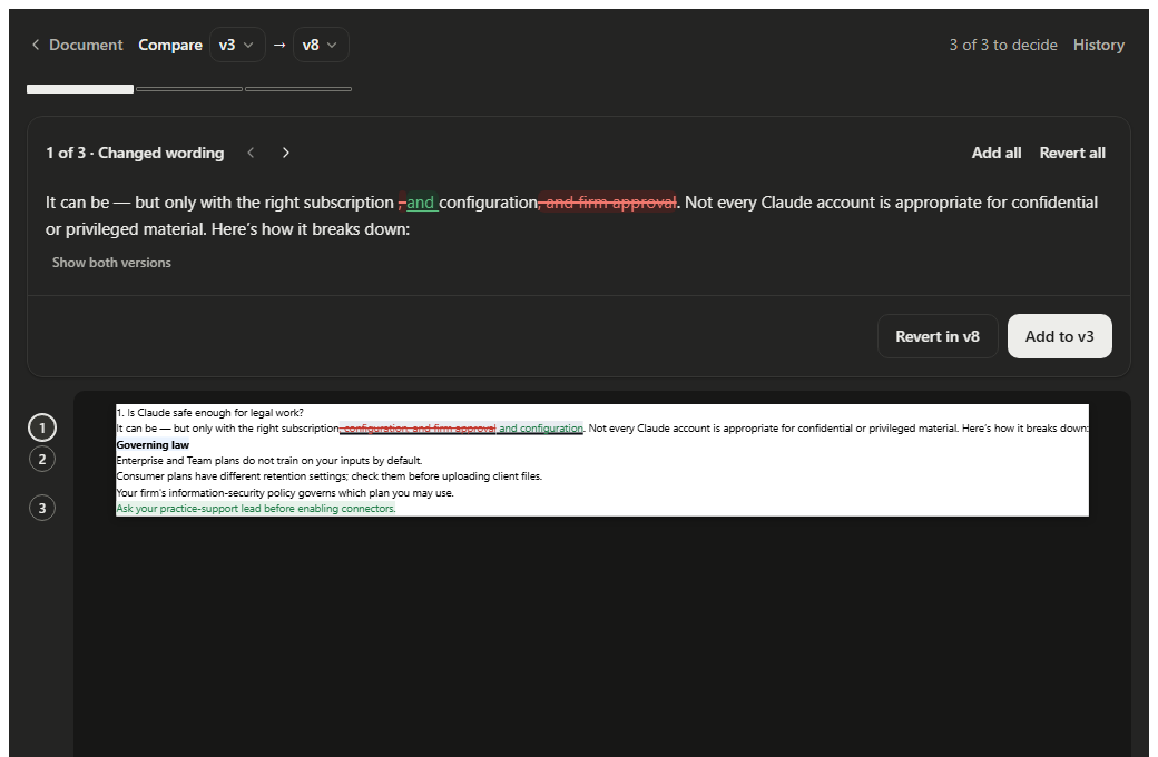 Comparing version 3 with version 8: one changed sentence with the old wording struck and the new wording inserted