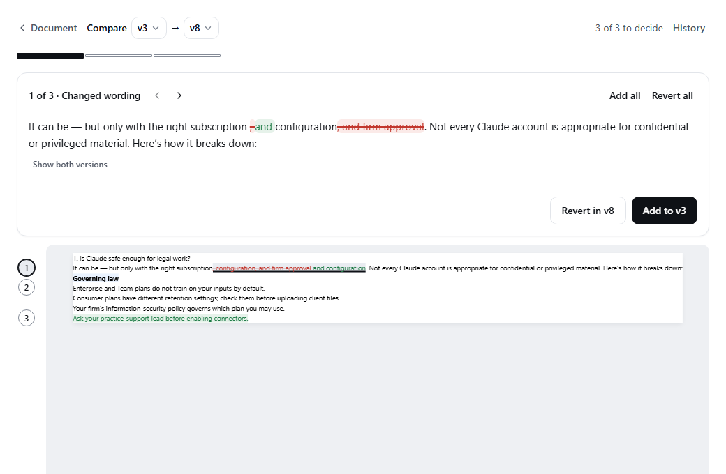 Comparing version 3 with version 8: one changed sentence with the old wording struck and the new wording inserted