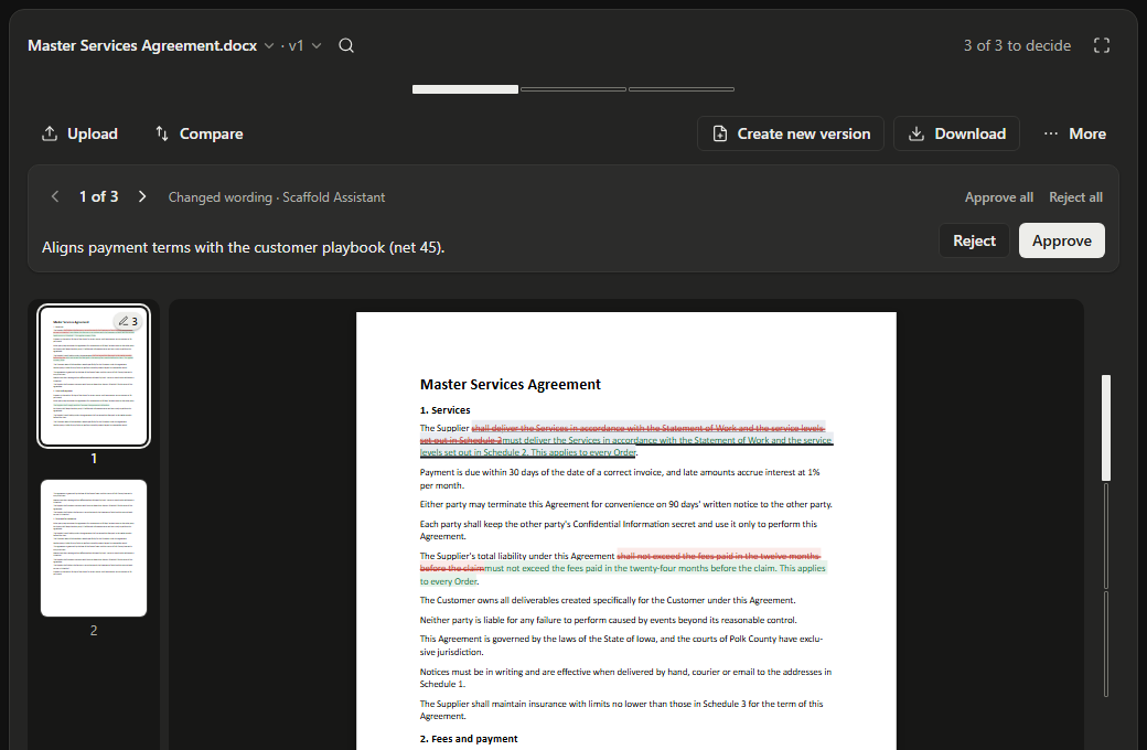 Scaffold's review screen: a Master Services Agreement with change 1 of 3 open, its reason, Reject and Approve buttons, and page thumbnails down the left, the first marked with 3 changes