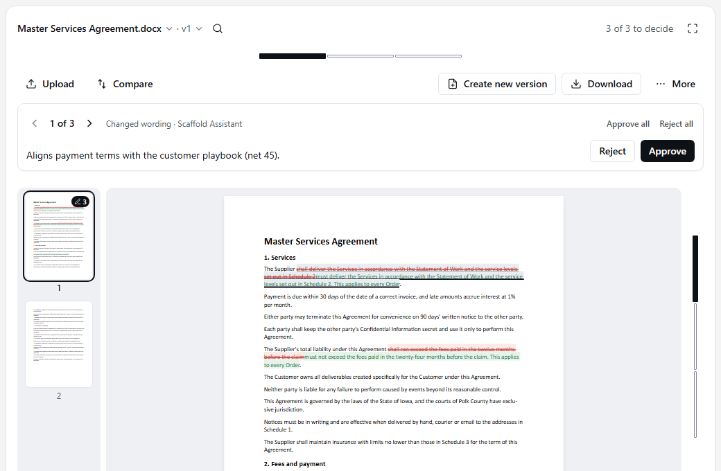Scaffold's review screen: a Master Services Agreement with change 1 of 3 open, its reason, Reject and Approve buttons, and page thumbnails down the left, the first marked with 3 changes