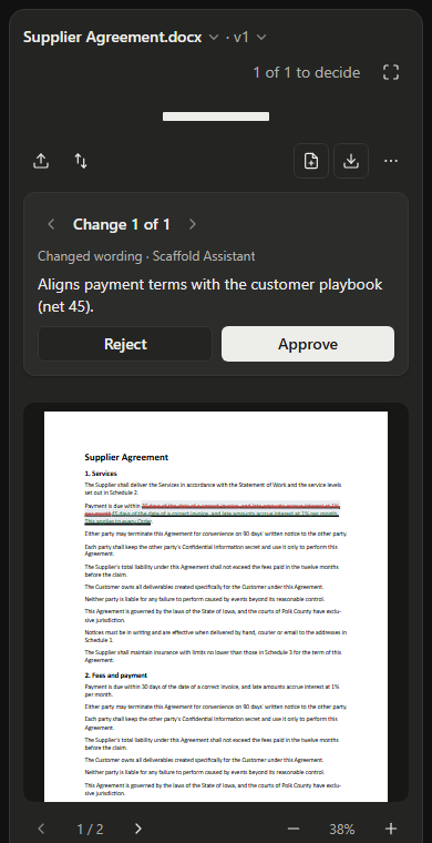 On a phone: one proposed change with its reason and Approve and Reject buttons