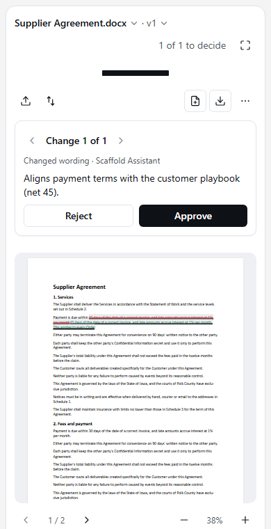 On a phone: one proposed change with its reason and Approve and Reject buttons