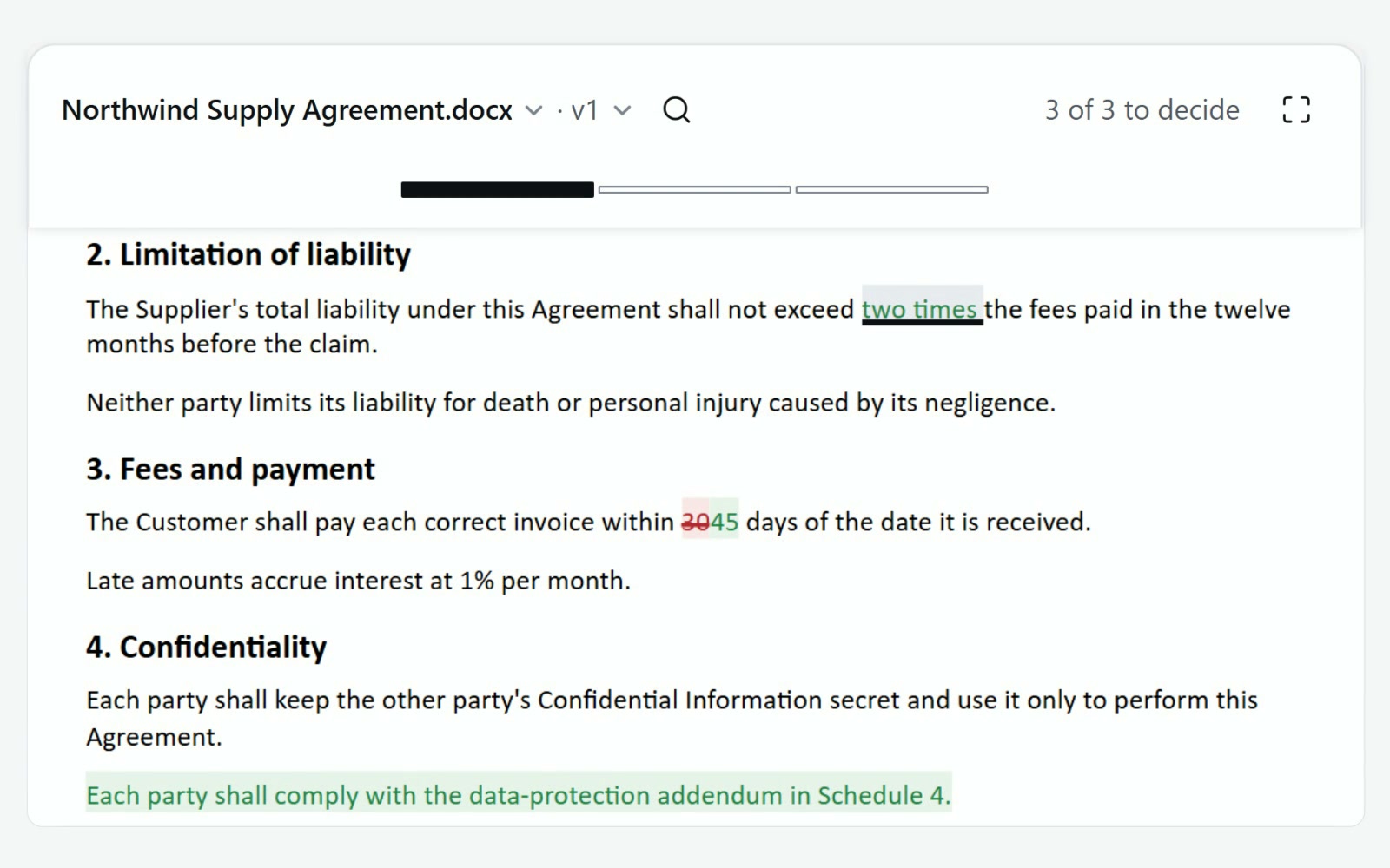 Scaffold reviewing a contract's tracked changes one at a time