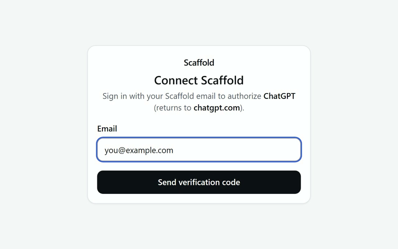 The Connect Scaffold page authorizing ChatGPT: Continue with Google or Microsoft, or sign in with your email, enter the emailed code, and authorize the connection