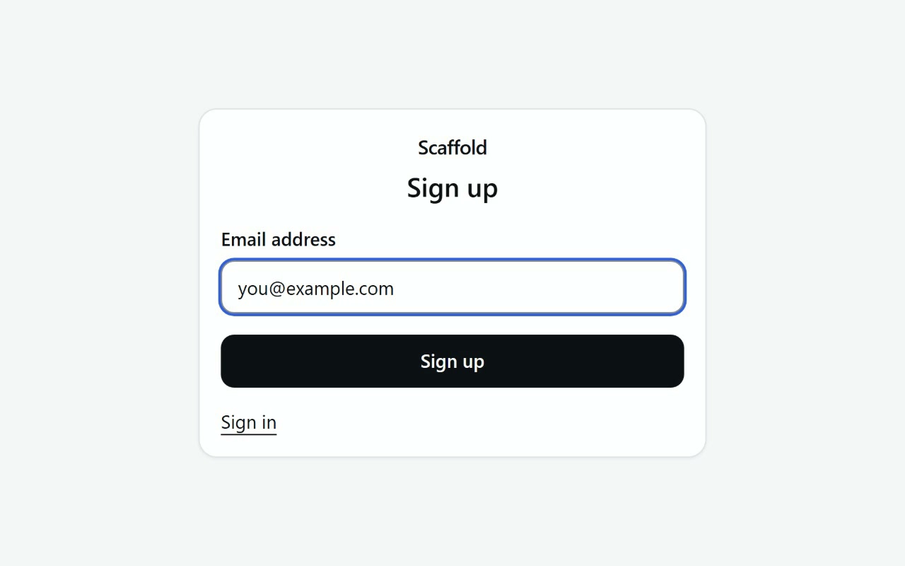 Scaffold's sign-up card, with Continue with Google and Continue with Microsoft above the email field: you@example.com entered, then the emailed verification code